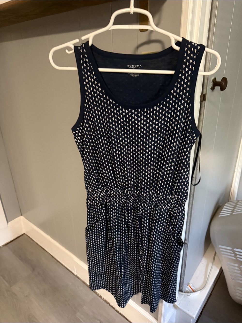Sonoma Navy Patterned Sleeveless Dress with pockets and drawstring waist